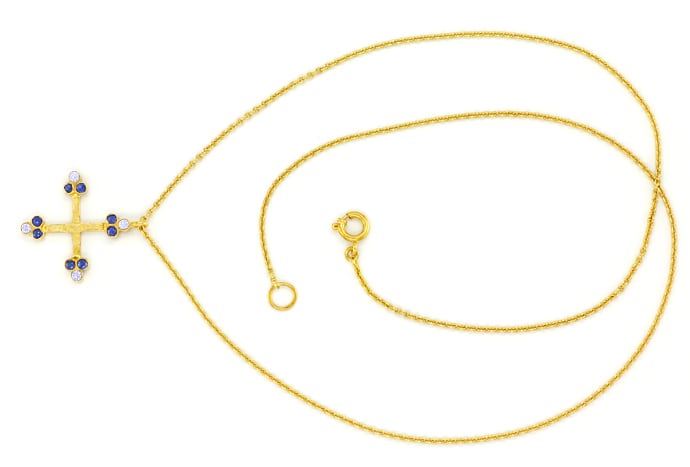 Foto 1 - Kleeblattkreuz Brillanten Saphire mit Kette Gold, S2543